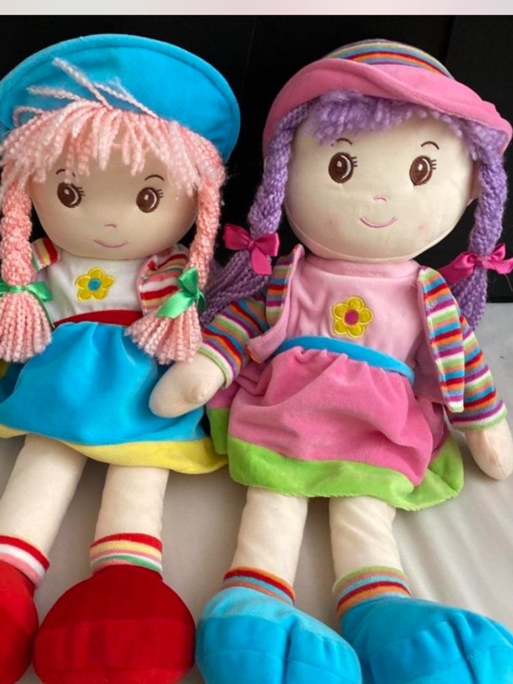 Plush Yarn-Hair Rag Doll Pair - Pink & Blue Dresses, Soft Fabric